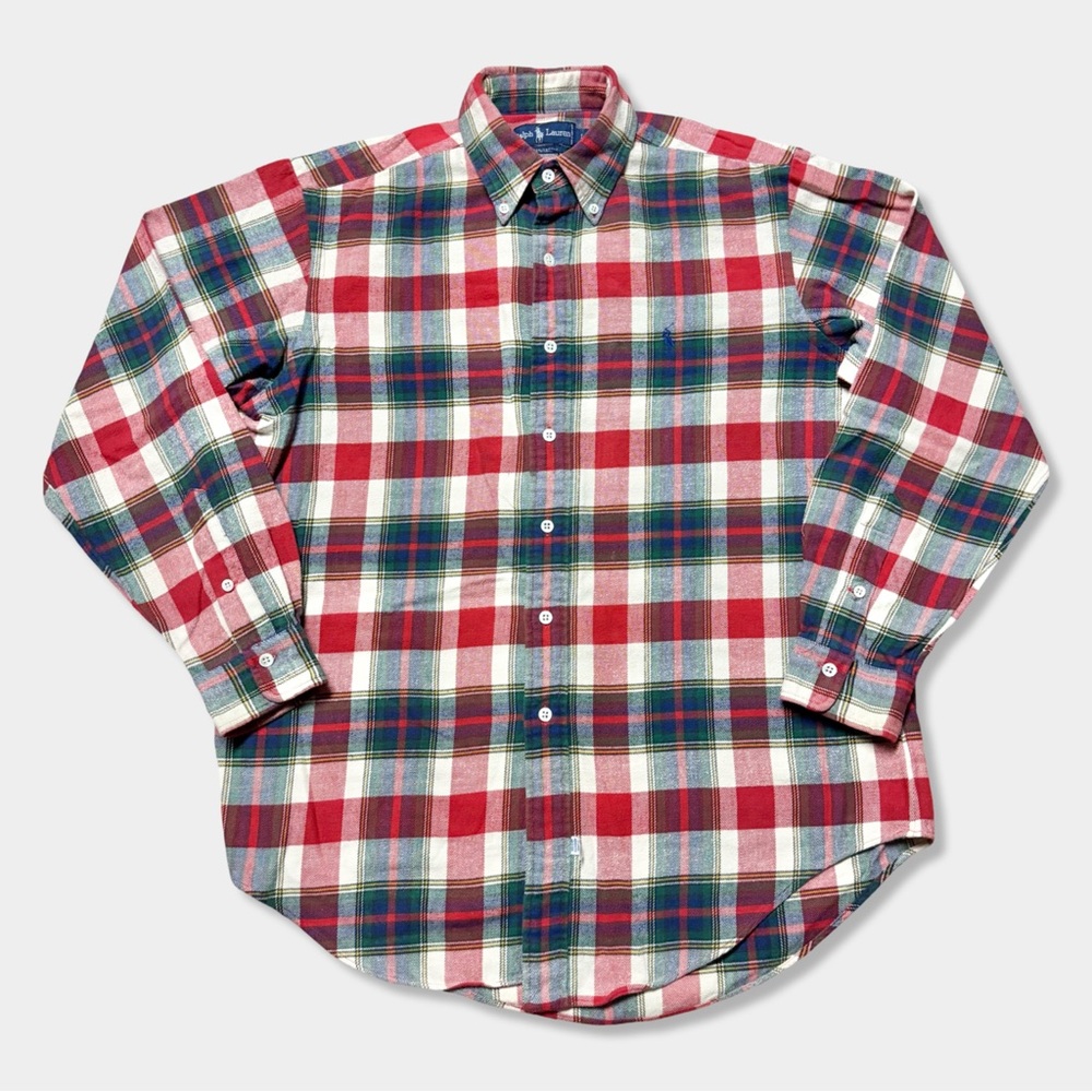 Vtg 90s Ralph Lauren Polo Blue Label Red Green Plaid Flannel Button Up Shirt L